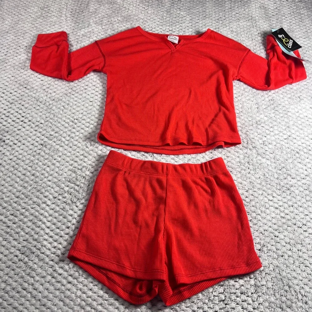 Art Class Red Waffle Knit Sleepwear Pajama Set Top Shorts Flame Resistant XS 4/5